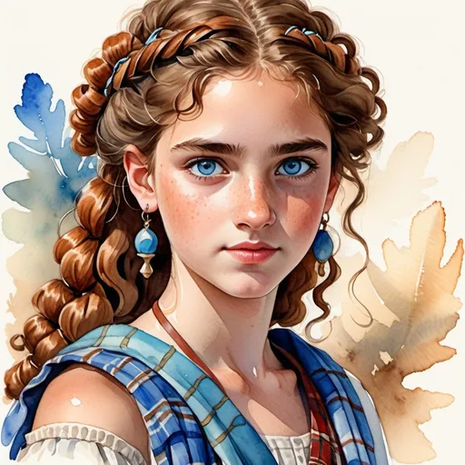 Prompt: watercolor illustration of a teenage Phoenician girl, aquiline features, wild chestnut curls, piercing blue eyes, 15 years old, wearing a plaid toga, bare arms, bare legs, high quality, watercolor style, detailed facial features, flowing chestnut curls, vibrant blue eyes, ancient Phoenician clothing, youthful, natural lighting