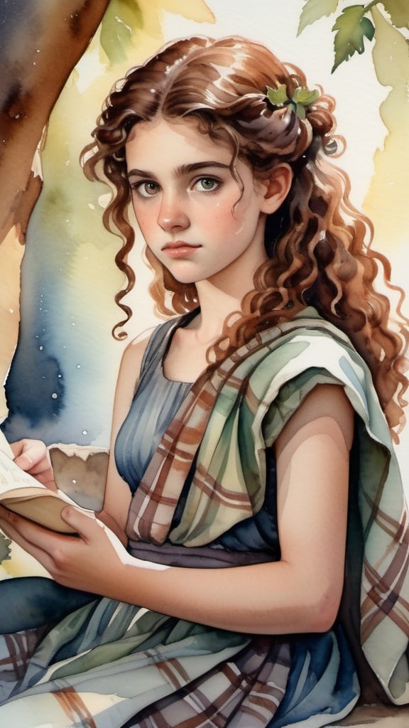 Prompt: Watercolor portrait of a 15-year-old Phoenician girl with aquiline features, wild chestnut curls, in a plaid toga, bare legs, bare arms, reading a scroll, surrounded by fireflies, watercolor, detailed eyes, flowing curls, ancient setting, soft color palette, ethereal lighting