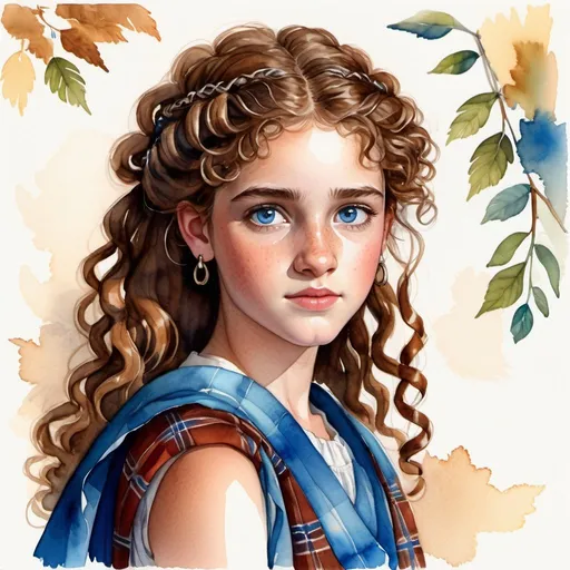 Prompt: watercolor illustration of a teenage Phoenician girl, aquiline features, wild chestnut curls, piercing blue eyes, 15 years old, wearing a plaid toga, bare arms, bare legs, high quality, watercolor style, detailed facial features, flowing chestnut curls, vibrant blue eyes, ancient Phoenician clothing, youthful, natural lighting