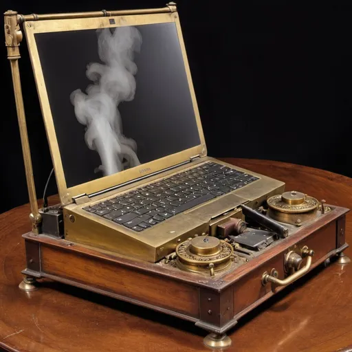 Prompt: a Victorian era laptop, made of brass and wood, with steam power
