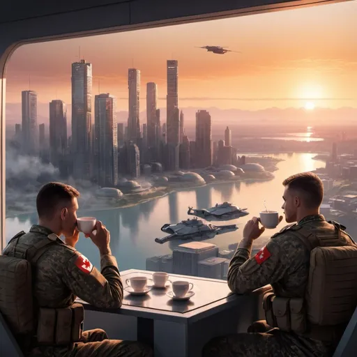 Prompt: Canadian soldiers looking into the sunset while drinking tea, and see the futuristic city in the distance