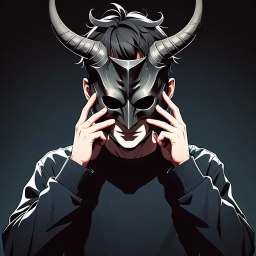 Prompt: Man wearing a half mask covering eyes with two horns on the mask,2d dark j horror anime style, boy, anime scene,