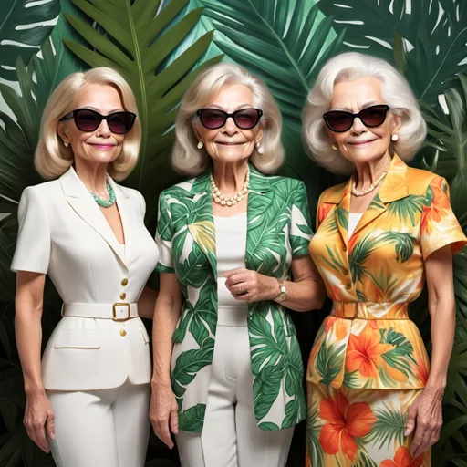 Prompt: hey Siri, create a group of three old women make them super rich super rich and I mean super Duper rich put them create the background to be nice tropical and make them super rich. Give them a BBL and super nice hair super nice outfit. Remember a group of three people make the first girl be white with short blondish brown hair make the second girl to be a little bit shorter than the first girl to have light brown hair, which is slightly shorter make the third girl with Tanner skin to be a little bit shorter than the second girl and give her long dark hair.
