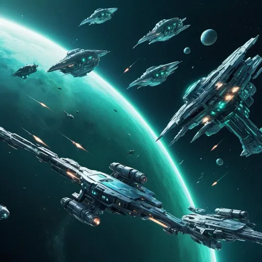 Prompt: Title screen for Pyranium 4X MMO space war game, fleets converging on blue-green planet, close-up of one fleet, high-quality, detailed 3D rendering, futuristic sci-fi style, cool tones, intense lighting, space warfare, detailed space fleets, planetary view, epic scale, grandiose atmosphere