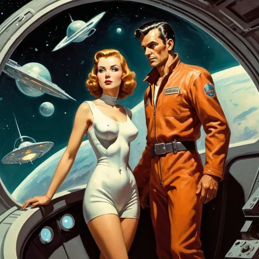 Prompt: man and woman on a spaceship, science-fiction, pulp style