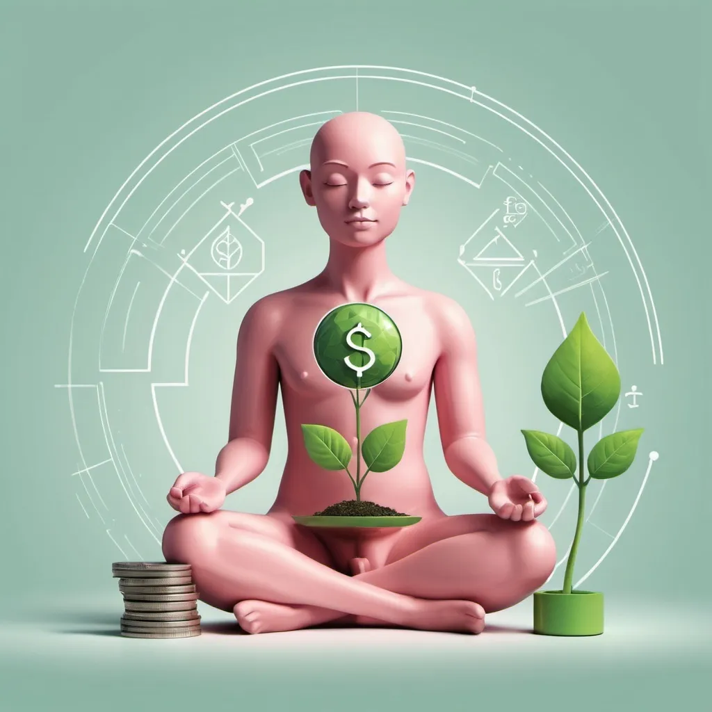 Prompt: Create a digital illustration of a stylized humanoid figure seated in a meditative pose, symbolizing the balance between finance and sustainability. The figure is divided into two halves, each representing different aspects of this balance. On the left side, the figure holds a set of scales with financial symbols such as a piggy bank and a dollar sign, indicating wealth and economic growth. On the right side, the figure holds a piggy bank with a plant sprouting from it, representing sustainable growth and environmental consciousness. The background is adorned with abstract shapes and lines, suggesting technological integration and modernity. Use soft, pastel colors to create a calming and harmonious visual effect.