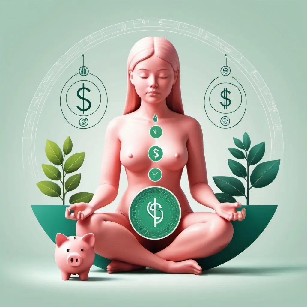 Prompt: Create a digital illustration of a stylized humanoid figure seated in a meditative pose, symbolizing the balance between finance and sustainability. The figure is divided into two halves, each representing different aspects of this balance. On the left side, the figure holds a set of scales with financial symbols such as a piggy bank and a dollar sign, indicating wealth and economic growth. On the right side, the figure holds a piggy bank with a plant sprouting from it, representing sustainable growth and environmental consciousness. The background is adorned with abstract shapes and lines, suggesting technological integration and modernity. Use soft, pastel colors to create a calming and harmonious visual effect.