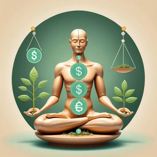 Prompt: Create a digital illustration of a stylized Man humanoid figure seated in a meditative pose, symbolizing the balance between finance and sustainability. The figure is divided into two halves, each representing different aspects of this balance. On the left side, the figure holds a set of scales with financial symbols such as a bank and a dollar sign, indicating wealth and economic growth. On the right side, the figure holds a bank with a plant sprouting from it, representing sustainable growth and environmental consciousness. The background is adorned with abstract shapes and lines, suggesting technological integration and modernity. Use soft, pastel colors to create a calming and harmonious visual effect.