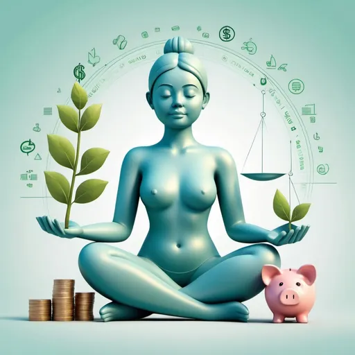 Prompt: Create a digital illustration of a stylized humanoid figure seated in a meditative pose, symbolizing the balance between finance and sustainability. The figure is divided into two halves, each representing different aspects of this balance. On the left side, the figure holds a set of scales with financial symbols such as a piggy bank and a dollar sign, indicating wealth and economic growth. On the right side, the figure holds a piggy bank with a plant sprouting from it, representing sustainable growth and environmental consciousness. The background is adorned with abstract shapes and lines, suggesting technological integration and modernity. Use soft, pastel colors to create a calming and harmonious visual effect.