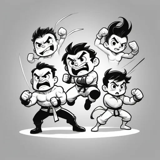 Prompt: A charming black and white cartoon illustration of a design fighting style characters that will appeal to both adults and kids. The simplicity of the drawing and the absence of any additional elements make it perfect for a coloring book or children's illustration., illustration, typography, Drawing, Illustration, Comic, Art Cartoon, Art Character, Design Comics Anime