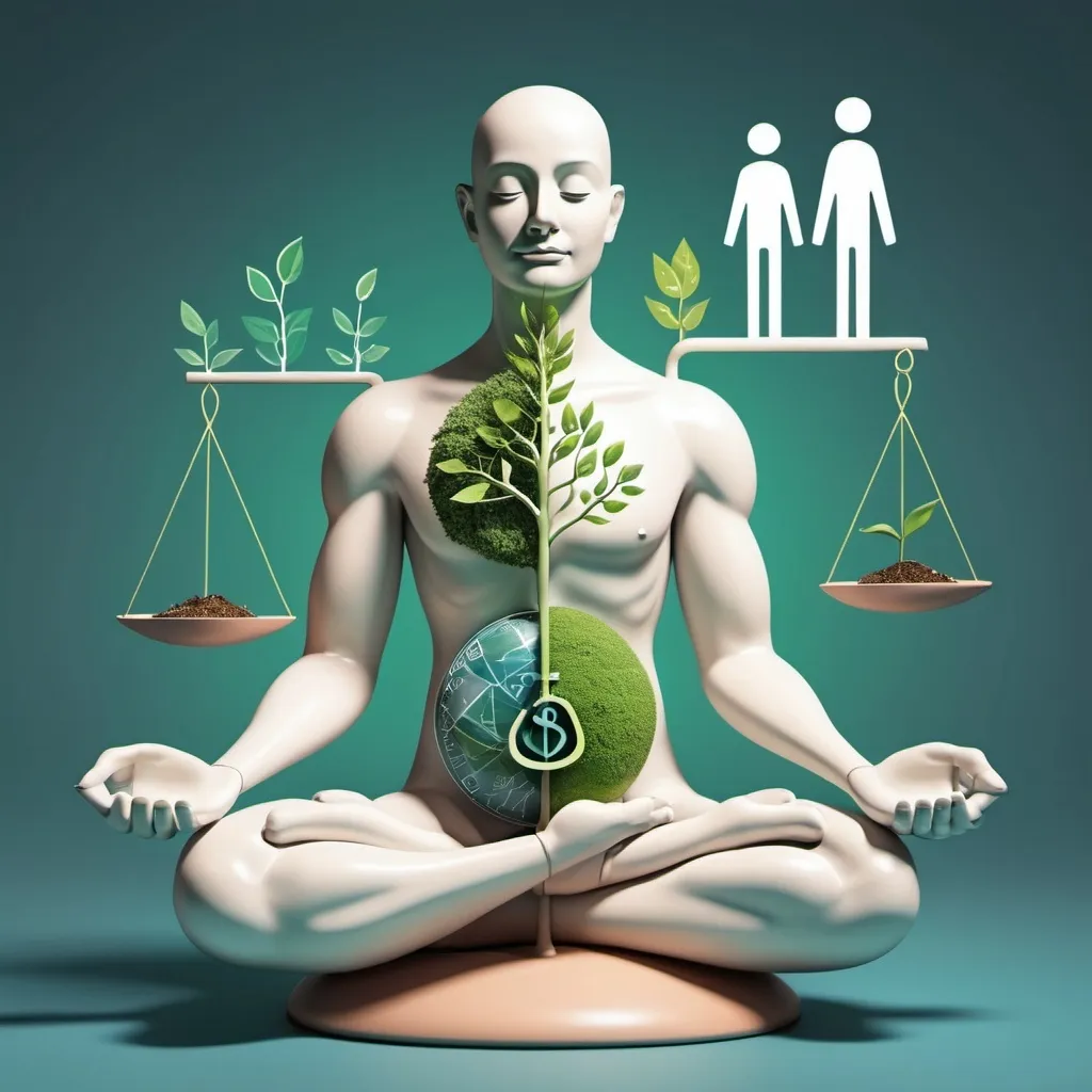 Prompt: Create a digital illustration of a stylized Man humanoid figure seated in a meditative pose, symbolizing the balance between finance and sustainability. The figure is divided into two halves, each representing different aspects of this balance. On the left side, the figure holds a set of scales with financial symbols such as a bank and a dollar sign, indicating wealth and economic growth. On the right side, the figure holds a bank with a plant sprouting from it, representing sustainable growth and environmental consciousness. The background is adorned with abstract shapes and lines, suggesting technological integration and modernity. Use soft, pastel colors to create a calming and harmonious visual effect.