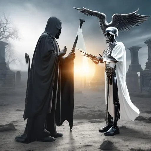 Prompt: man wearing silver winged boots and a toga talking to the grim reaper