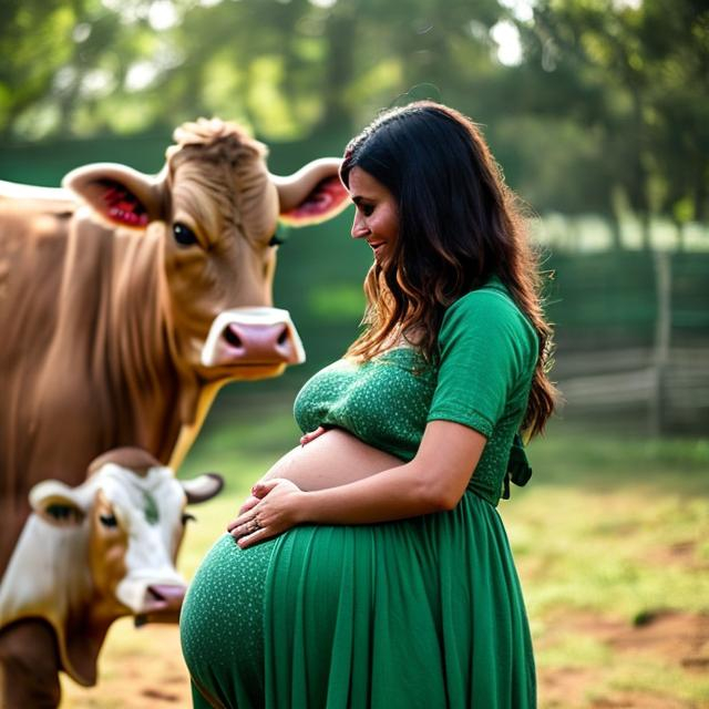 Prompt: a pregnant woman dressed in green petting a cow