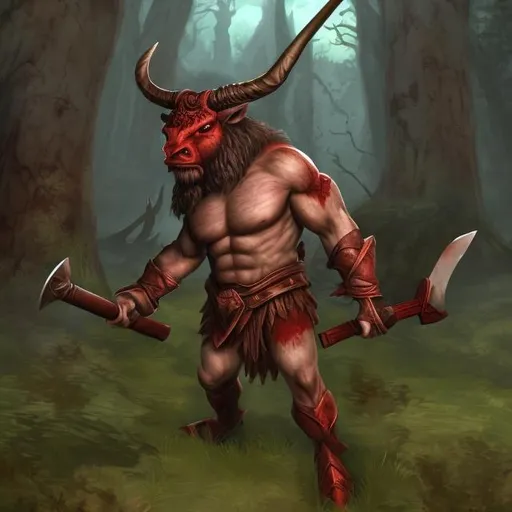 Prompt: red minotaur with a battleaxe in a forest