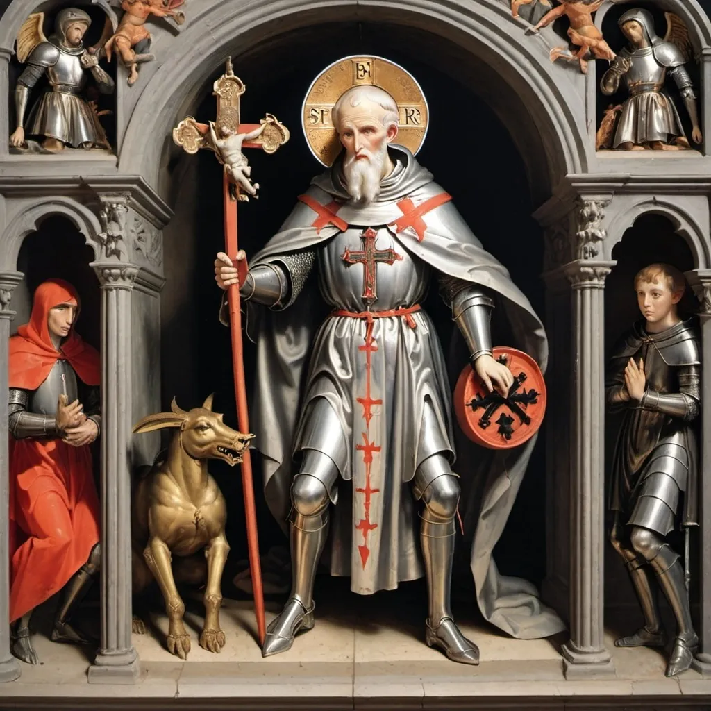 Prompt: St Benedict in knight armor and cross in front of chest fighting demons