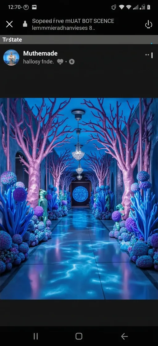 Prompt: A mesmerizing hallway bursts with vibrant mermaid-themed decor, where shimmering blues and purples mimic an underwater paradise. Lush, oversized coral and stylized seaweed line both sides of the space, accentuated by soft, ethereal lighting that dances across the walls and polished floor, creating a dreamlike ambiance. The design is intricate, featuring various textures that evoke the ocean's beauty, while a delicate chandelier hangs at the far end, adding a touch of elegance. This enchanting scene invites guests to step into a whimsical aquatic world, perfectly suited for a glamorous themed celebration.