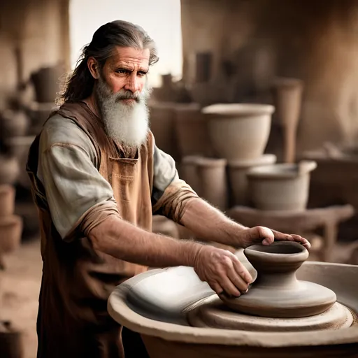 Prompt: Realistic portrait of a prophet at a potter working at the wheel, ideal human, photography, natural light, somber background, photo