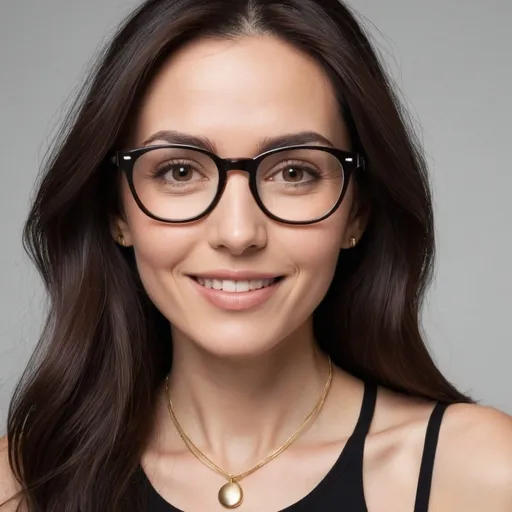 Prompt: "Create an image of a woman around 35 years old with long, straight dark brown hair. She should be smiling warmly and friendly. She wears dark-rimmed glasses that add an intellectual look. Dress her in a simple and elegant black sleeveless top, with delicate accessories such as thin gold necklaces. Her skin should appear natural, without heavy makeup, and the background should be cozy and calm with neutral tones. Her expression should reflect positivity and serenity, representing a person connected with philosophy, spirituality, and well-being."