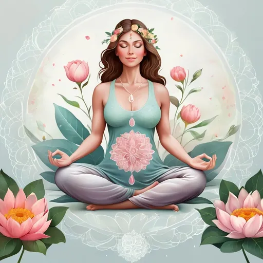 Prompt: Create an inspiring cover for my Pinterest profile, centered around a serene and beautiful female figure symbolizing feminine power and spirituality. The figure should be in an environment that reflects my passions and activities, including mandalas, yoga, floral therapies, and tips for wellness and home decor products. Use a soft, harmonious color palette that evokes serenity and creativity. The design should celebrate life's small joys and capture the essence of exploration and discovery. Please ensure the final image is suitable for a Pinterest cover, in PNG, JPG, or GIF format, with a file size of up to 10 MB."