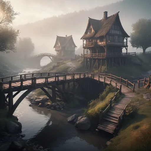 Prompt: small settlement, foggy, bridge and river, dramatic fantasy settlement scene, cinematic lighting