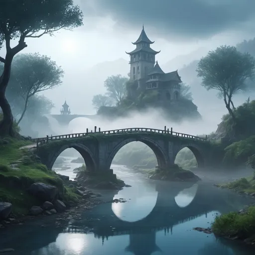 Prompt: small settlement, foggy, bridge and river, dramatic fantasy settlement scene, cinematic lighting