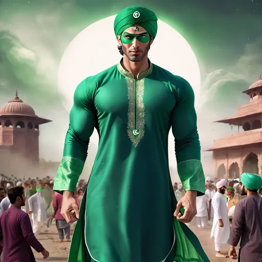 Prompt: North Indian green lantern wearing kurta pajama & turban