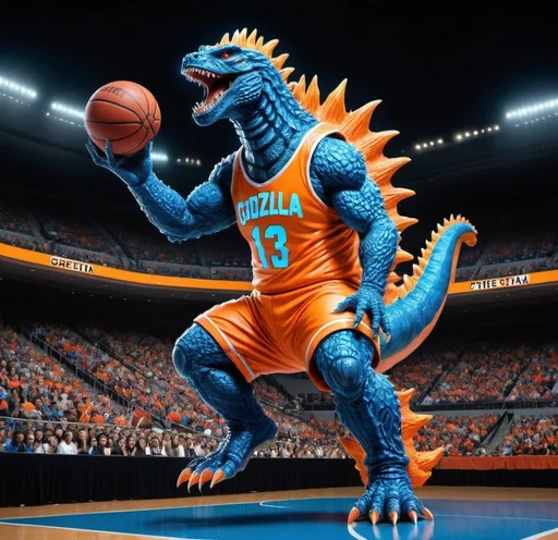 Prompt: A neon blue Godzilla wearing an orange basketball uniform, executing a slam dunk to an electrifying crowd in a giant stadium. signs are all over the stadium that say theta. Hyper realistic.