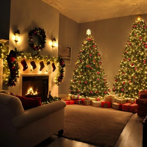Prompt: Place the Christmas tree in a room with a fireplace and decorate it with LED lights and solar cell lights. House in a relaxed style