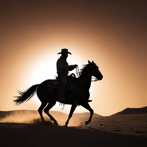 Prompt: silhouette cowboy galloping in the desert
