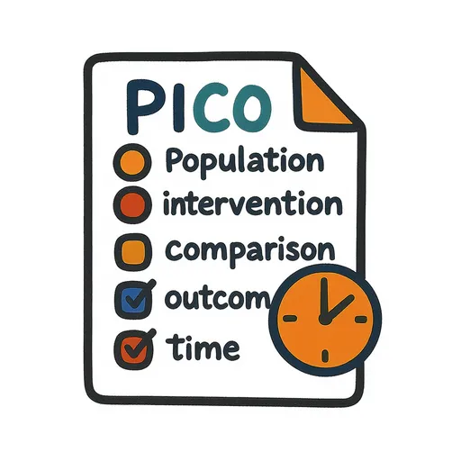 Prompt: An abstract icon depicting a PICOT question, its components (Population, Intervention, Comparison, Outcome, Time), and its purpose. The style should be abstract, using vivid and bright colors. The back should be white or clear. The design should be simple and clear, suitable for use as a scalable icon in a word document.