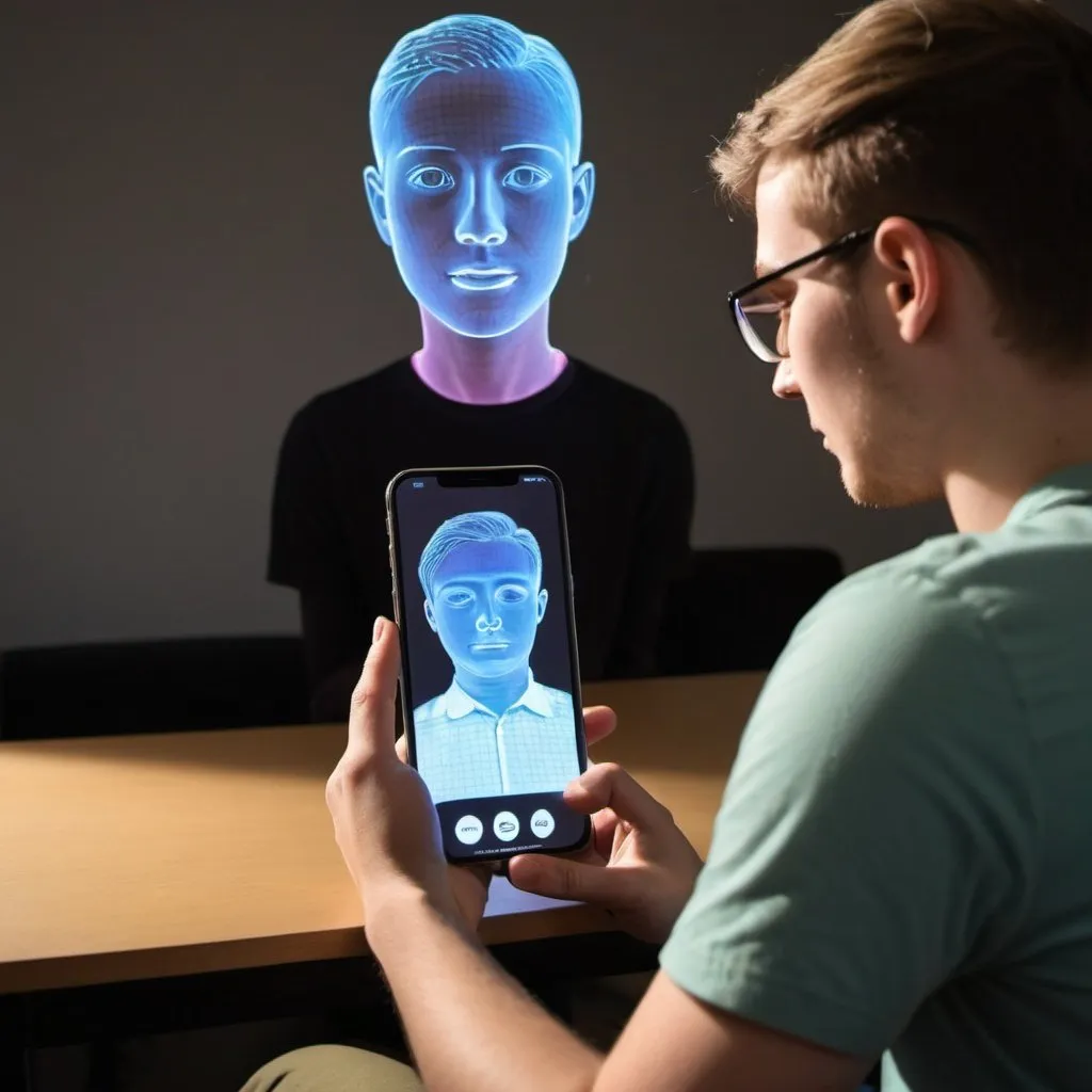 Prompt: A university student receiving mental wellbeing counselling alone through a phone app with a hologram projector
