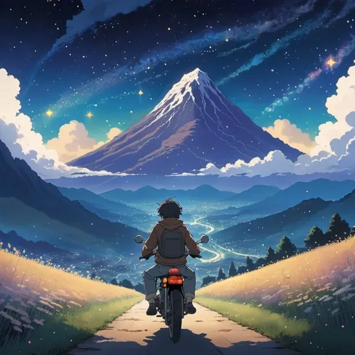 Prompt: 2d studio ghibli anime style, guy on motorcycle going towards mountains, sky is full of stars and even galaxies are visibile, no face detailing, anime scene
