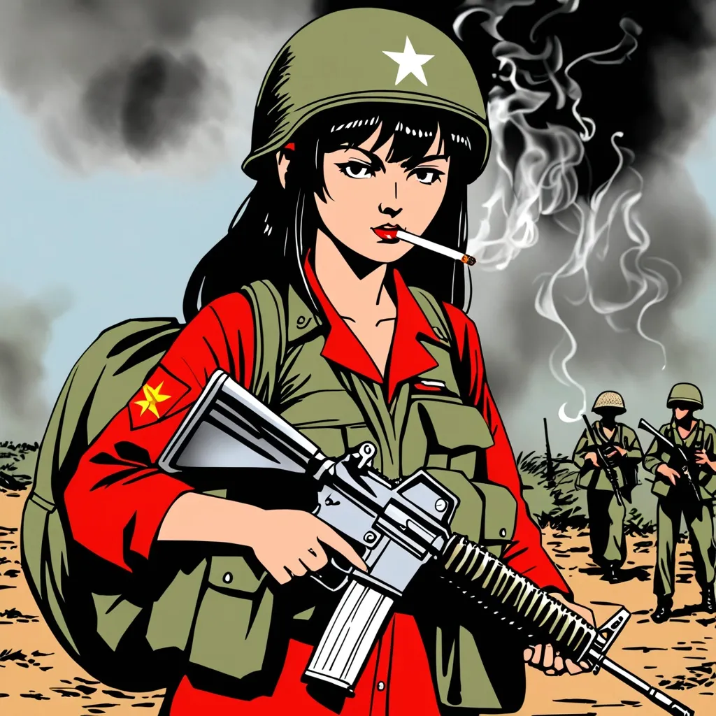 Prompt: Hakurei Reimu as a U.S soldier during Vietnam war,she carry a M-16 rifle and smoking a Marlboro cigarette