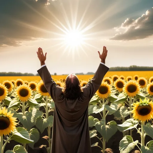 Prompt: a nice sunflower field with a nice sunlight with Jesus flying in the air with his hands up like hes praying