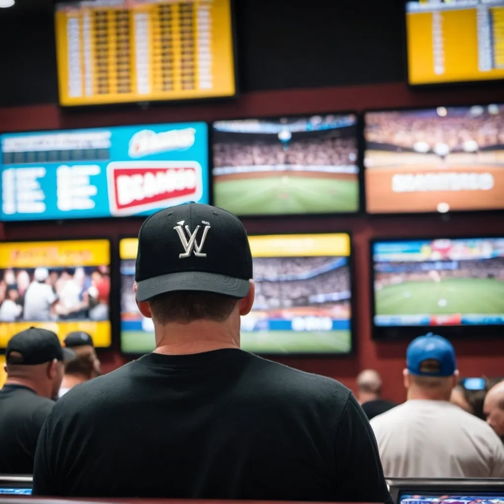 Prompt: A picture of a man from behind with a black ball cap staring up at a betting board and games on TV in a busy Vegas Sportsbook