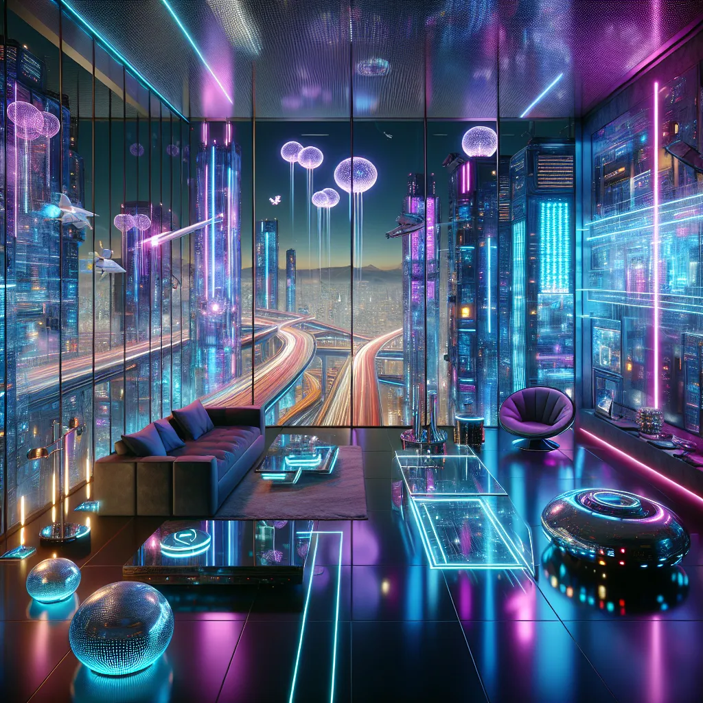 Prompt: Interior view of a penthouse overlooking a cyberpunk cityscape
