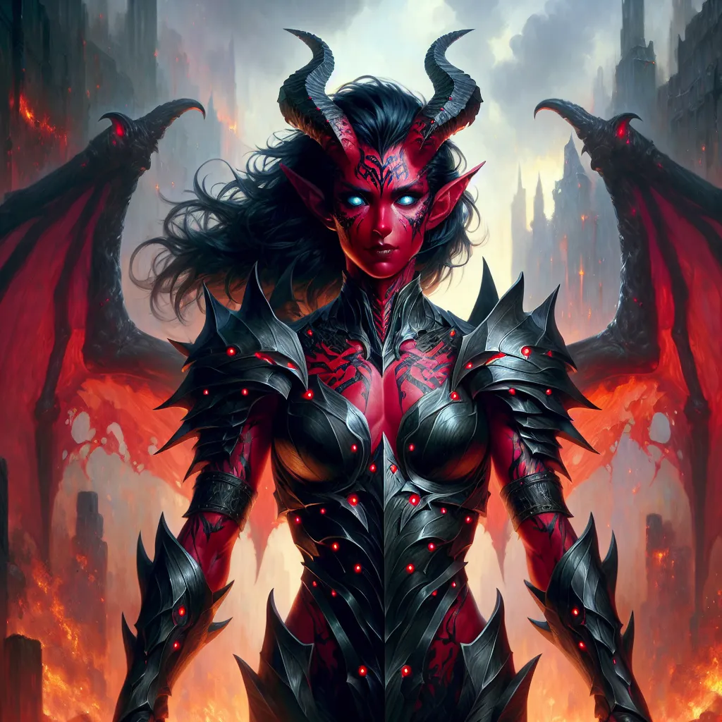 Prompt: Frank Frazetta illustration style, a large muscular and robust female tiefling, red skin, she has black shoulder length hair, large leathery wings, glowing blue eyes, muscles, black metal armor with spikes and glowing red runes. no tattoos, flawless skin, Walking victoriously through a ruined and burning city street