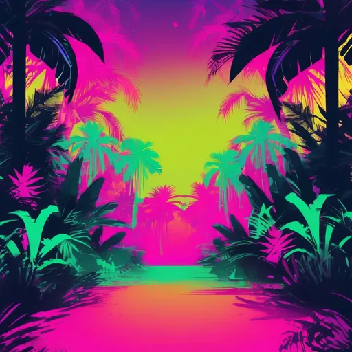 Prompt: a stylish jungle themed background for a dance music event poster with a neon theme and no writing, with less harsh colours


