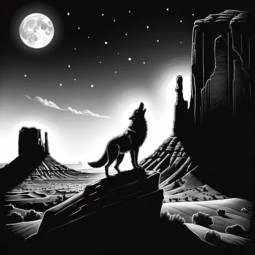 Prompt: A drawing of a wolf howling to the moon in front of monument valley for a logo