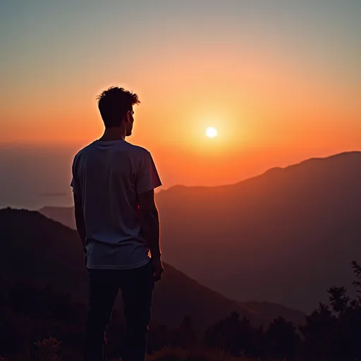 Prompt: Alone man on mountain watching sunset view with body