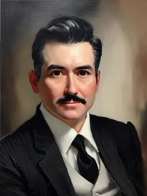 Prompt: 40 year old man company ceo with thin very short black and white hair wearing a black suit
Oil painting portrait