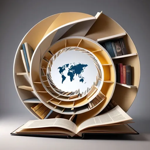 Prompt: "Global Knowledge Spiral": Imagine an image featuring a three-dimensional spiral made up of books, charts, and world maps. In each layer of the spiral, you could include icons representing key concepts such as innovation, strategy, and data. The spiral could be floating against an elegant and minimalist background, perhaps with a finish in white and gold or black and silver, to add a sophisticated touch.

This image symbolizes the accumulation and expansion of global knowledge, reflecting the interconnection between different disciplines and perspectives in entrepreneurial research. Additionally, the elegant design and representation of globality and sophistication align well with an academic and high-level approach.