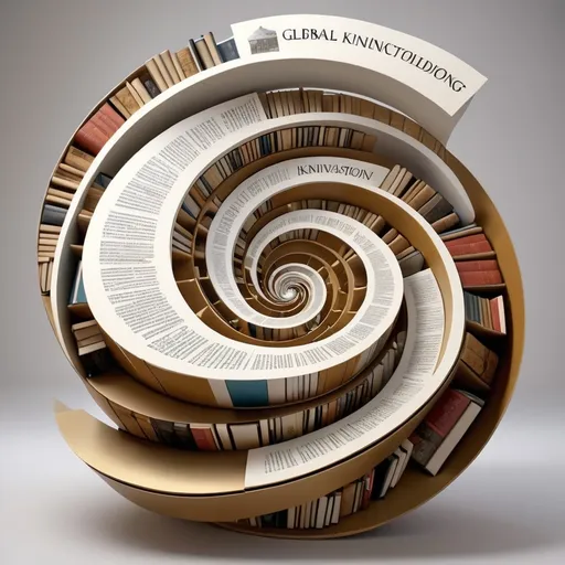 Prompt: "Global Knowledge Spiral": Imagine an image featuring a three-dimensional spiral made up of books, charts, and world maps. In each layer of the spiral, you could include icons representing key concepts such as innovation, strategy, and data. The spiral could be floating against an elegant and minimalist background, perhaps with a finish in white and gold or black and silver, to add a sophisticated touch.

This image symbolizes the accumulation and expansion of global knowledge, reflecting the interconnection between different disciplines and perspectives in entrepreneurial research. Additionally, the elegant design and representation of globality and sophistication align well with an academic and high-level approach.