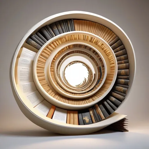 Prompt: "Global Knowledge Spiral": Imagine an image featuring a three-dimensional spiral made up of books, charts, and world maps. In each layer of the spiral, you could include icons representing key concepts such as innovation, strategy, and data. The spiral could be floating against an elegant and minimalist background, perhaps with a finish in white and gold or black and silver, to add a sophisticated touch.

This image symbolizes the accumulation and expansion of global knowledge, reflecting the interconnection between different disciplines and perspectives in entrepreneurial research. Additionally, the elegant design and representation of globality and sophistication align well with an academic and high-level approach.