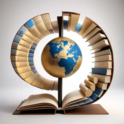 Prompt: "Global Knowledge Spiral": Imagine an image featuring a three-dimensional spiral made up of books, charts, and world maps. In each layer of the spiral, you could include icons representing key concepts such as innovation, strategy, and data. The spiral could be floating against an elegant and minimalist background, perhaps with a finish in white and gold or black and silver, to add a sophisticated touch.

This image symbolizes the accumulation and expansion of global knowledge, reflecting the interconnection between different disciplines and perspectives in entrepreneurial research. Additionally, the elegant design and representation of globality and sophistication align well with an academic and high-level approach.