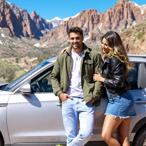 Prompt: Against a backdrop of majestic mountains, a man stands beside a car, sporting a casual look with a green jacket, light blue jeans, and bright yellow sandals. He has a confident expression as he poses, leaning slightly against the vehicle. Beside him, a woman in a black leather jacket and a short skirt wraps her arm around him, her smile suggesting a playful mood. The bright day illuminates the scene, highlighting the contrast between the natural landscape and their stylish outfits, creating an air of camaraderie and adventure against an earthy, rugged setting.