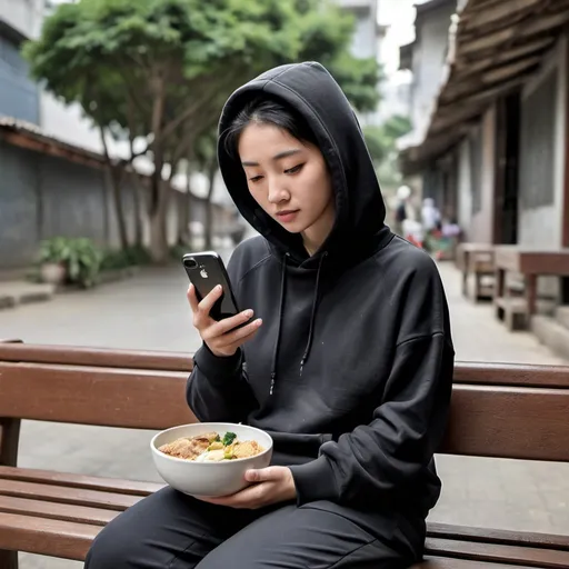 Prompt: a woman in a black hoodie sitting on a bench with a cell phone in her hand and a white bowl of food in front of her, Cheng Shifa, hurufiyya, black, a picture