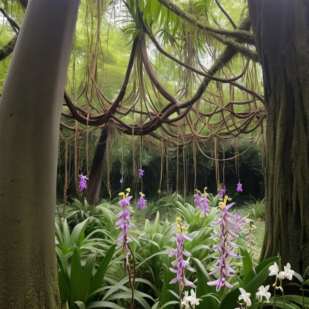 Prompt: in the clearing a series of lianas hang from the trees together with flowers of vanilla orchids. at the base of the trunks a series of flowering bulbs of tulbaghia violacea and nectaroscordium