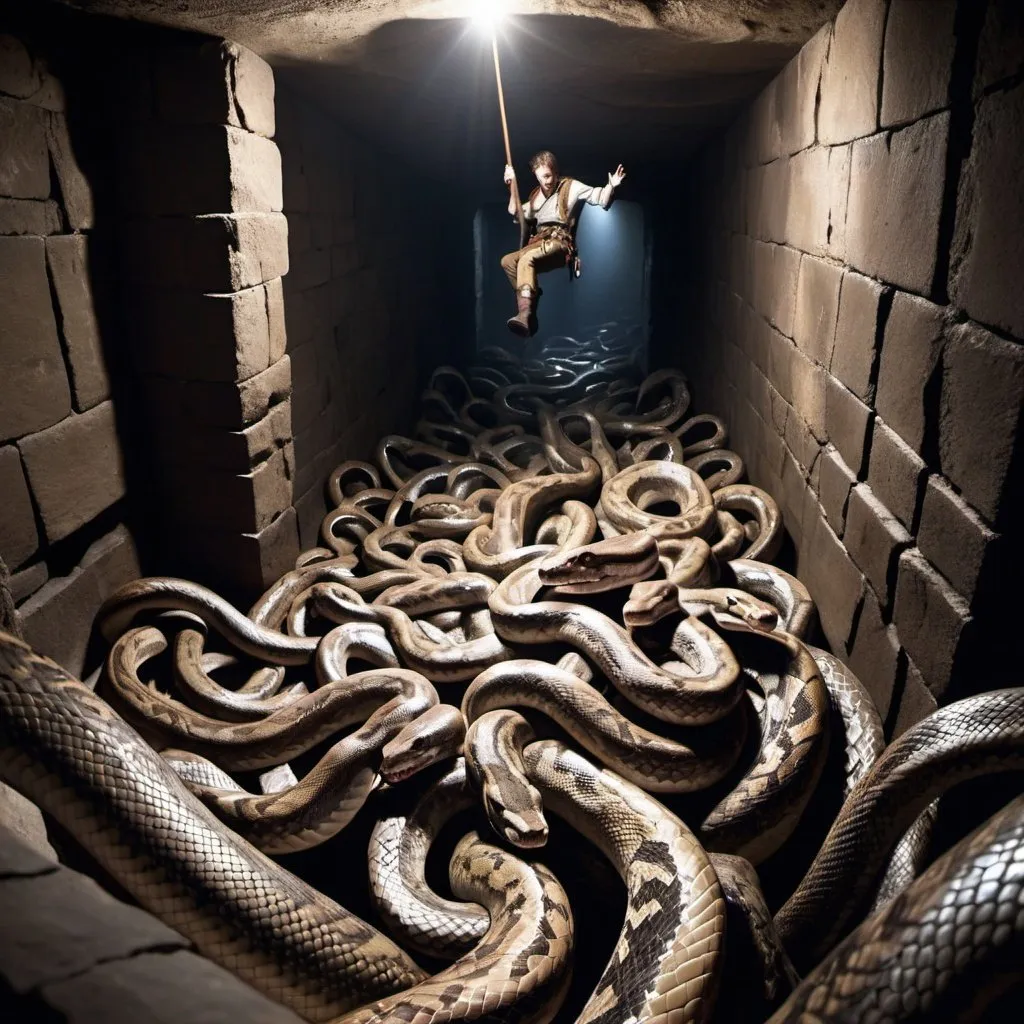 Prompt: adventurers nearly falling into a pit of snakes in a dungeon, perspective shot from the bottom of the pit