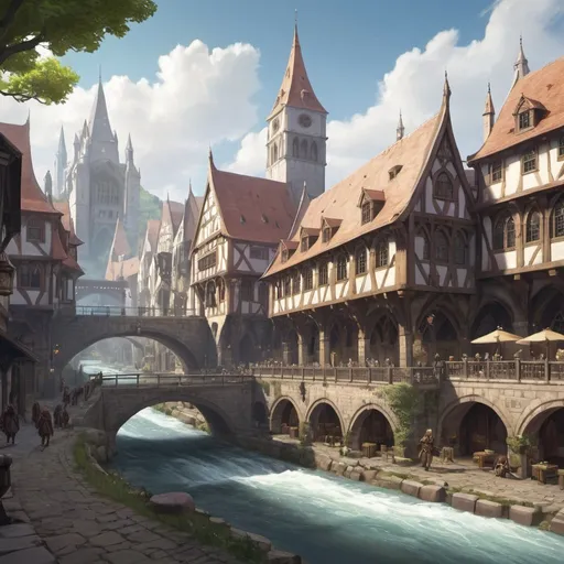Prompt: a fantasy city with a river flowing through it, a guild hall in the background
